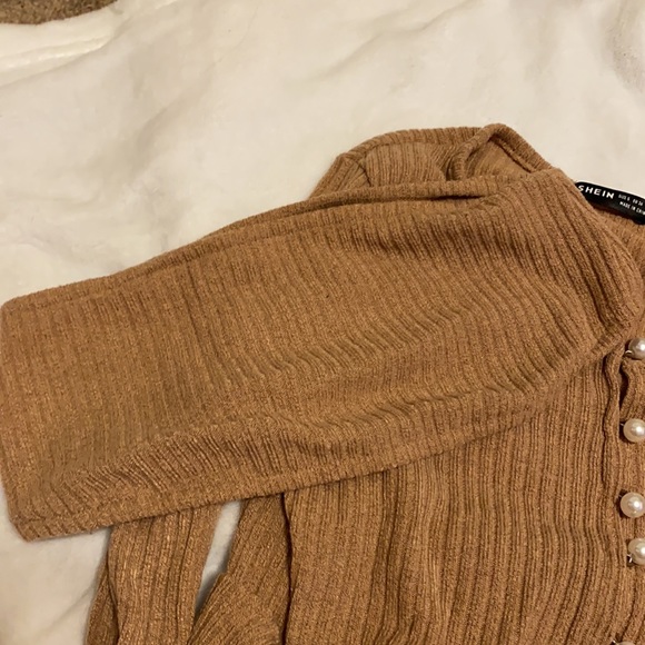 Light brown  long sleeve two piece set. Long sleeve pearl button up and tube top - Picture 2 of 4